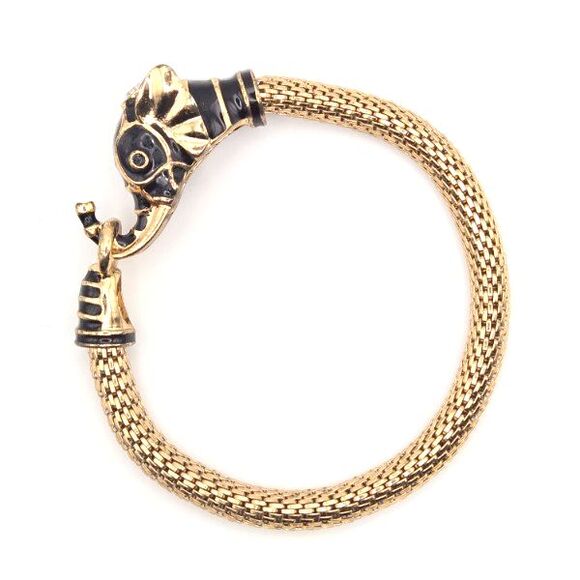 Avon 1990s Gold Tone Black Enamel Elephant Head Stretch Mesh Bracelet 7"‎ - Picture 1 of 4